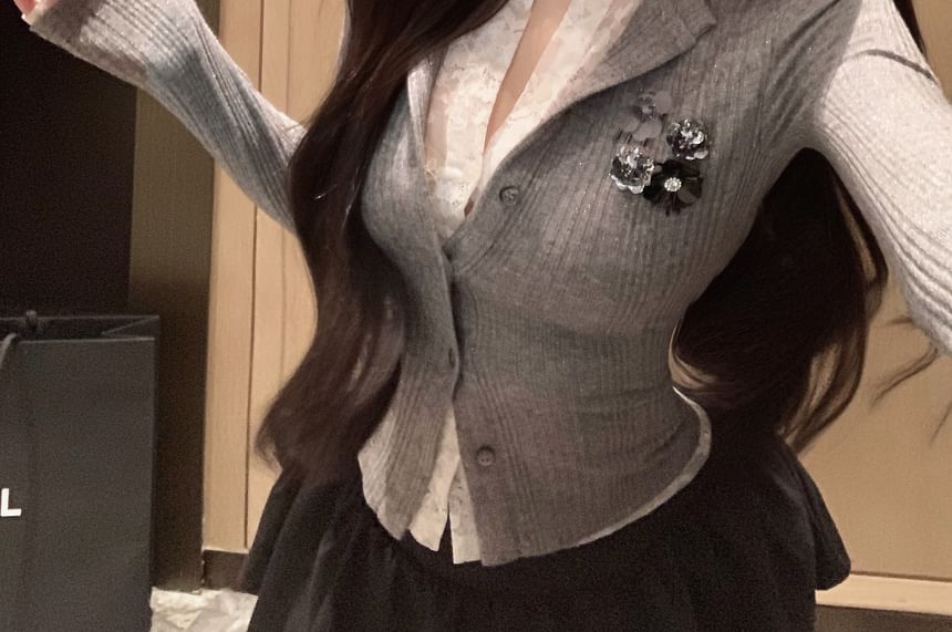 Plain Lace Trim Mock Two-Piece Ribbed Slim Fit Cardigan