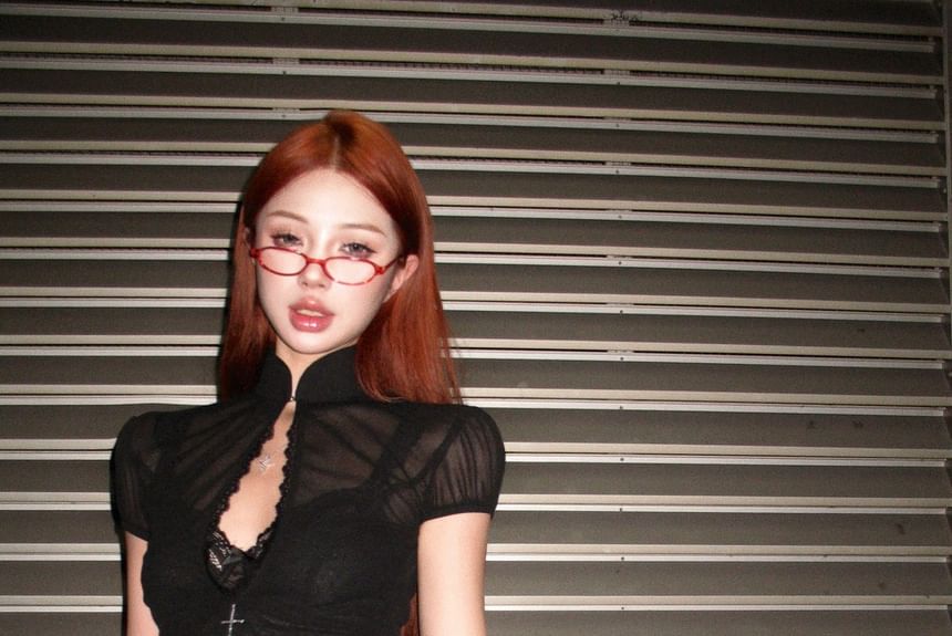 Puff-Sleeve Stand Collar Crop Lace Blouse / Mid Rise Mini A-Line Skirt / Lace Bra