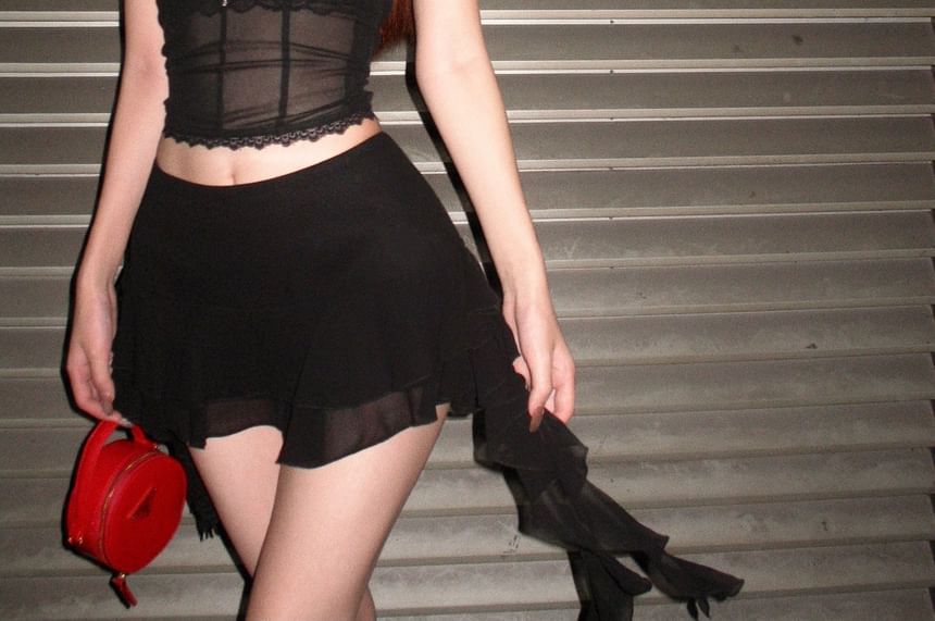 Puff-Sleeve Stand Collar Crop Lace Blouse / Mid Rise Mini A-Line Skirt / Lace Bra