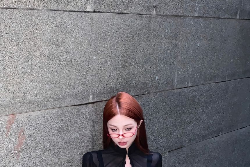 Puff-Sleeve Stand Collar Crop Lace Blouse / Mid Rise Mini A-Line Skirt / Lace Bra