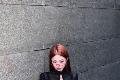 Puff-Sleeve Stand Collar Crop Lace Blouse / Mid Rise Mini A-Line Skirt / Lace Bra