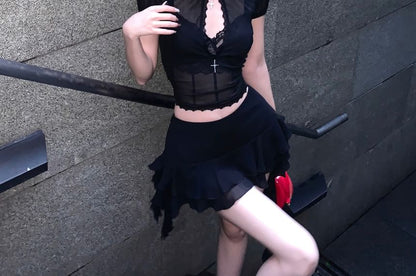 Puff-Sleeve Stand Collar Crop Lace Blouse / Mid Rise Mini A-Line Skirt / Lace Bra