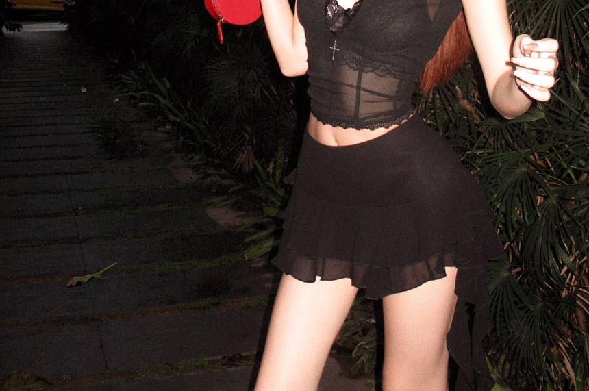 Puff-Sleeve Stand Collar Crop Lace Blouse / Mid Rise Mini A-Line Skirt / Lace Bra