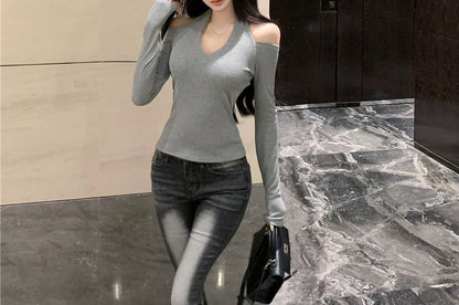 Cold-Shoulder Long-Sleeve Plain Tee
