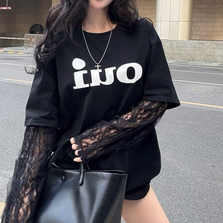 Mock Two-Piece Long-Sleeve Crew Neck Lettering Lace Panel Tee