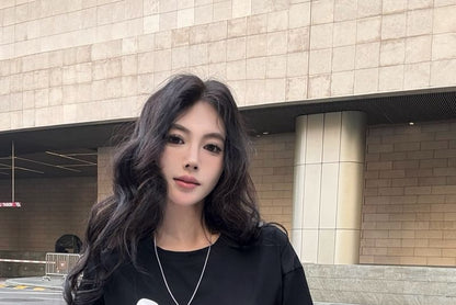 Mock Two-Piece Long-Sleeve Crew Neck Lettering Lace Panel Tee