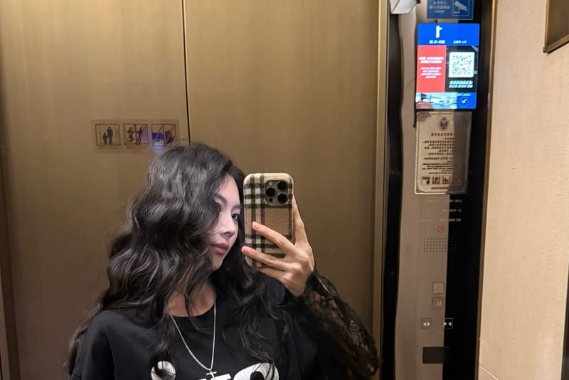 Mock Two-Piece Long-Sleeve Crew Neck Lettering Lace Panel Tee