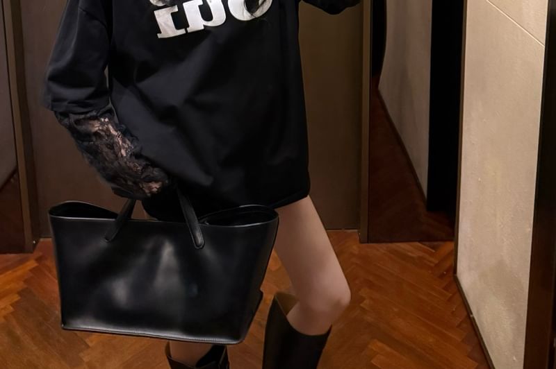 Mock Two-Piece Long-Sleeve Crew Neck Lettering Lace Panel Tee