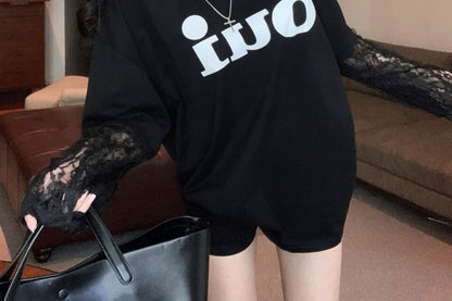 Mock Two-Piece Long-Sleeve Crew Neck Lettering Lace Panel Tee