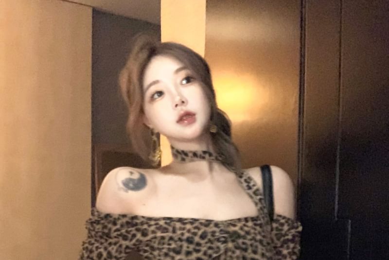 Choker-Neck Long-Sleeve Leopard Print Asymmetrical Ruffled Blouse