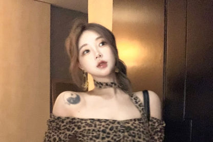 Choker-Neck Long-Sleeve Leopard Print Asymmetrical Ruffled Blouse