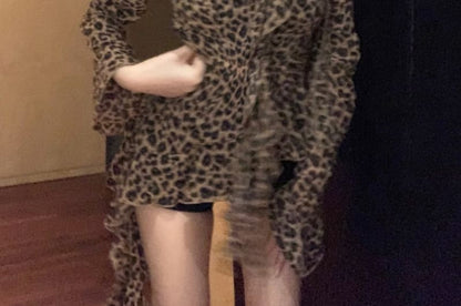 Choker-Neck Long-Sleeve Leopard Print Asymmetrical Ruffled Blouse
