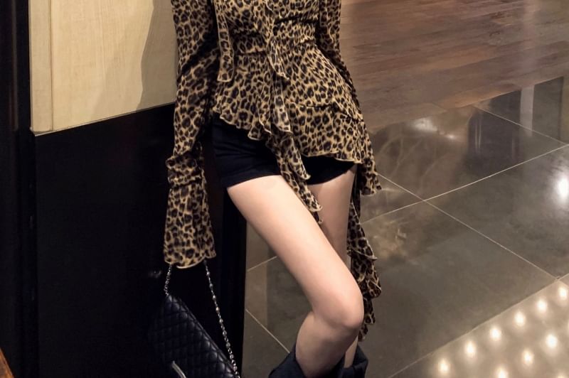 Choker-Neck Long-Sleeve Leopard Print Asymmetrical Ruffled Blouse