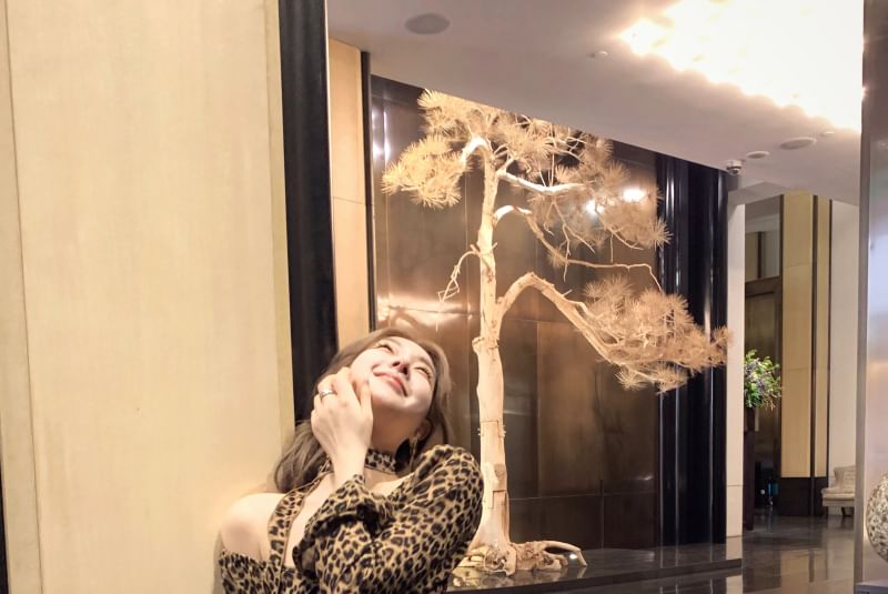 Choker-Neck Long-Sleeve Leopard Print Asymmetrical Ruffled Blouse