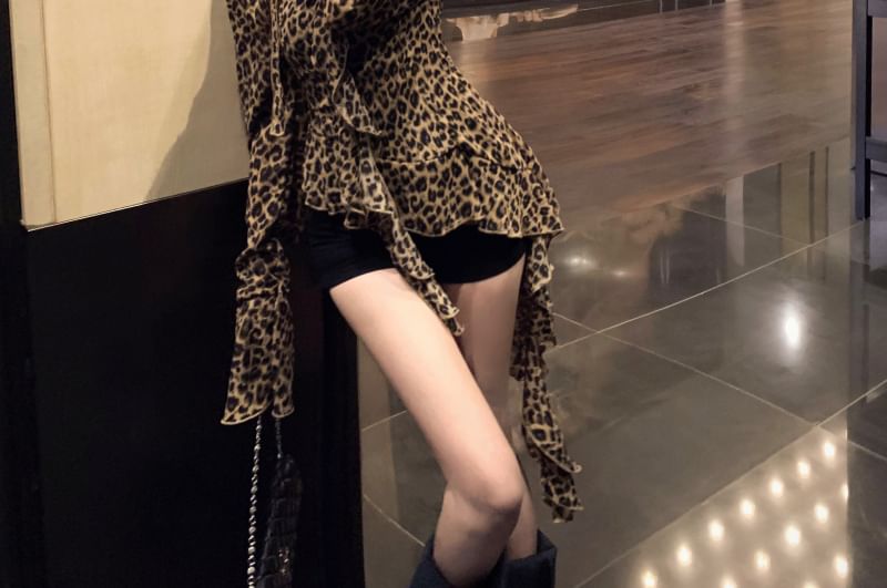 Choker-Neck Long-Sleeve Leopard Print Asymmetrical Ruffled Blouse