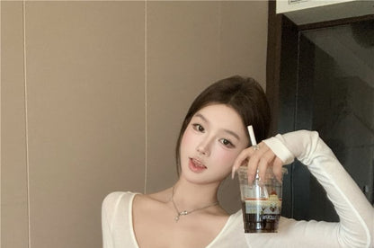 Long Sleeve Scoop Neck Plain Long Knit Top