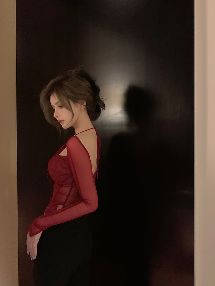 Long Sleeve Square Neck Plain See-Through Lace-Up Mesh Crop Top