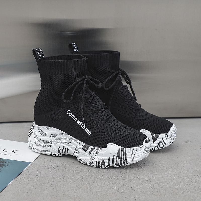 Printed Platform Lace-Up Short Boots