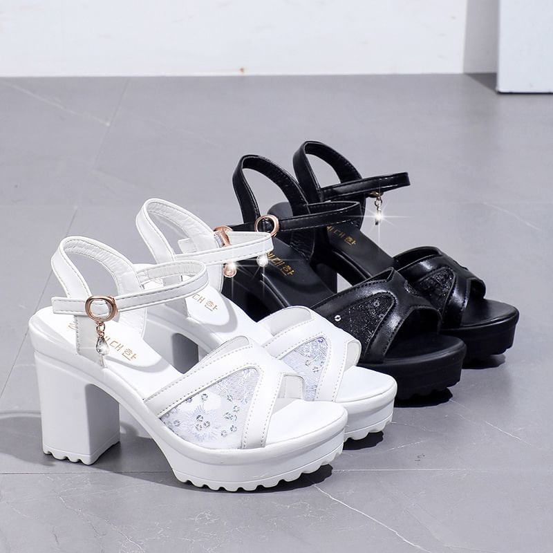 Platform Chunky Heel Sequined Sandals