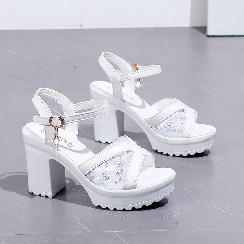 Platform Chunky Heel Sequined Sandals