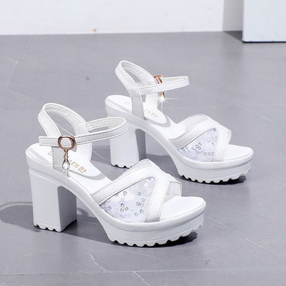 Platform Chunky Heel Sequined Sandals