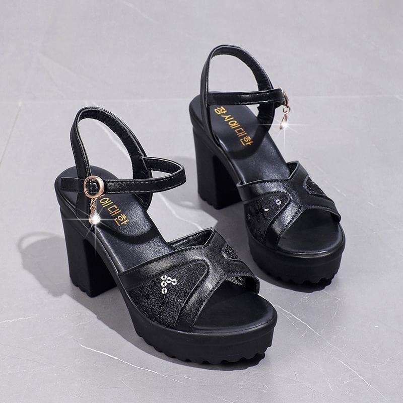 Platform Chunky Heel Sequined Sandals