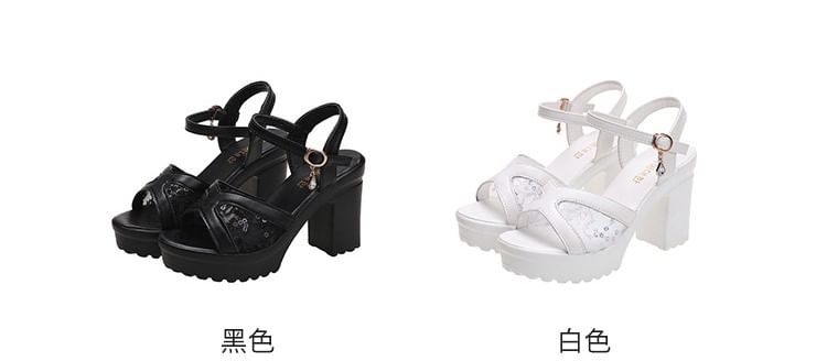 Platform Chunky Heel Sequined Sandals