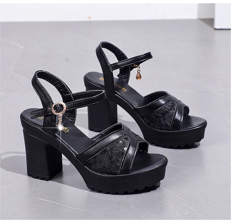 Platform Chunky Heel Sequined Sandals