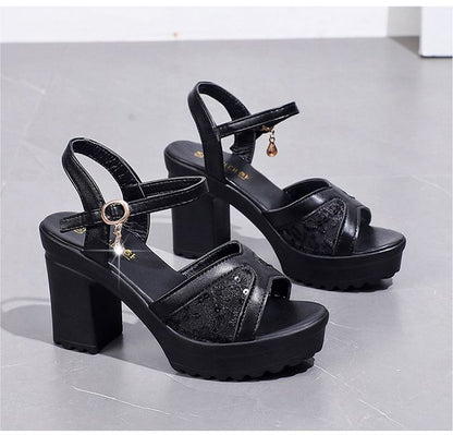 Platform Chunky Heel Sequined Sandals