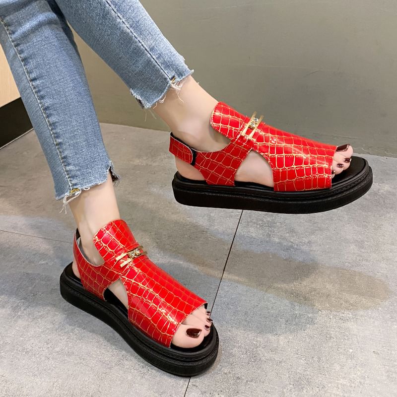 Croc Grain Buckled Sandals