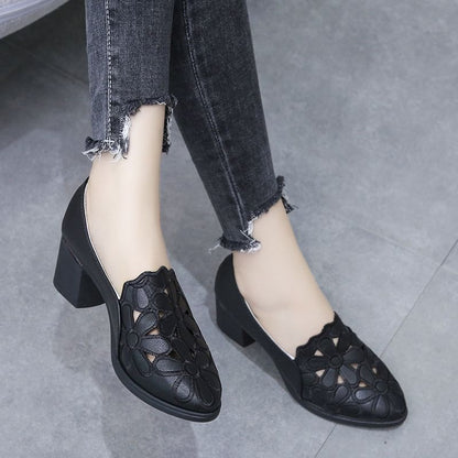 Floral Embroidered Chunky Heel Pumps
