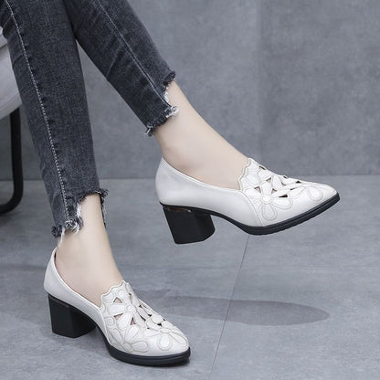 Floral Embroidered Chunky Heel Pumps