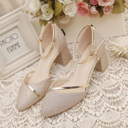Glitter Chunky Heel Ankle Strap Pumps