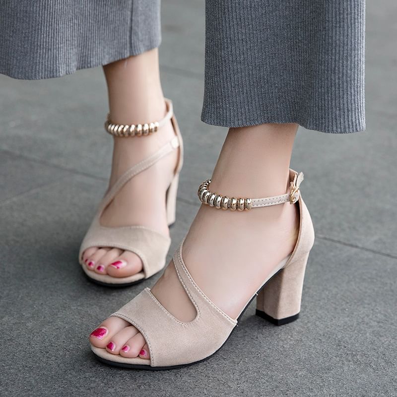 Chunky Heel Metal Bead Strap Ankle Strap Sandals