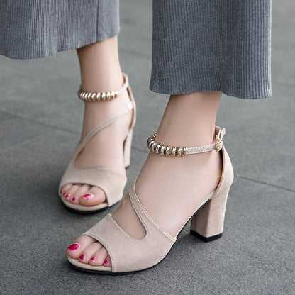 Chunky Heel Metal Bead Strap Ankle Strap Sandals