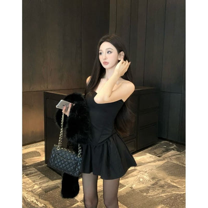 Furry Open Front Crop Jacket / Off Shoulder Tube Top / Mini A-Line Skort