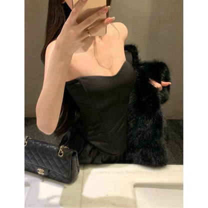 Furry Open Front Crop Jacket / Off Shoulder Tube Top / Mini A-Line Skort