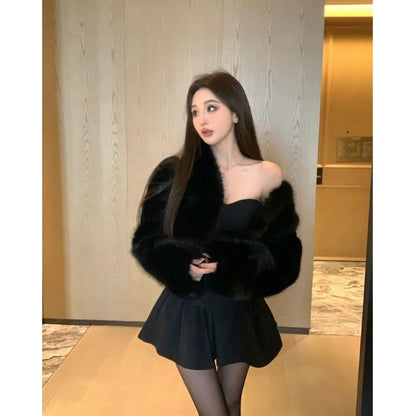 Furry Open Front Crop Jacket / Off Shoulder Tube Top / Mini A-Line Skort