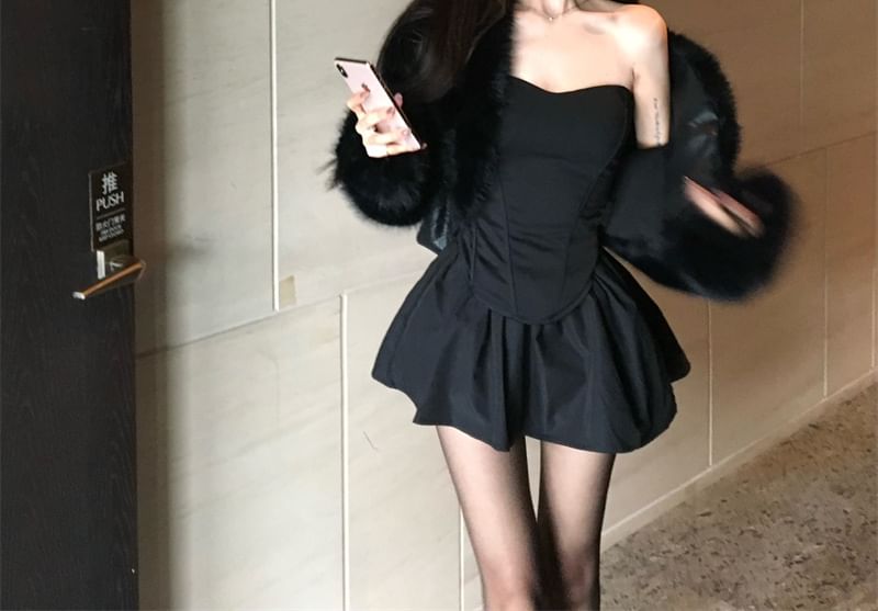 Furry Open Front Crop Jacket / Off Shoulder Tube Top / Mini A-Line Skort