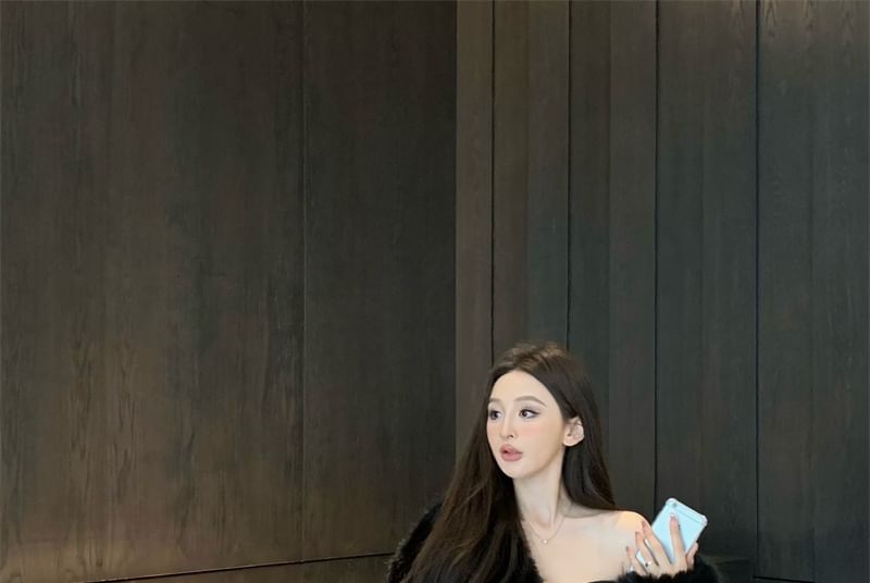 Furry Open Front Crop Jacket / Off Shoulder Tube Top / Mini A-Line Skort