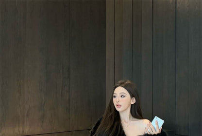 Furry Open Front Crop Jacket / Off Shoulder Tube Top / Mini A-Line Skort