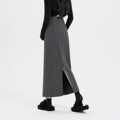 High Waist Plain Back Slit Midi A-Line Skirt