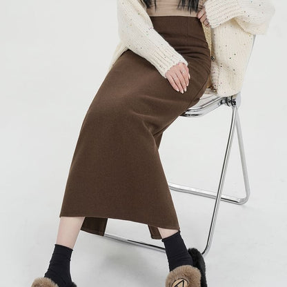 High Waist Plain Back Slit Midi A-Line Skirt