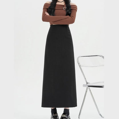 High Waist Plain Back Slit Midi A-Line Skirt