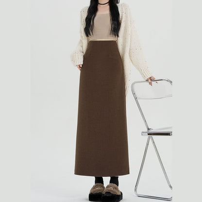 High Waist Plain Back Slit Midi A-Line Skirt