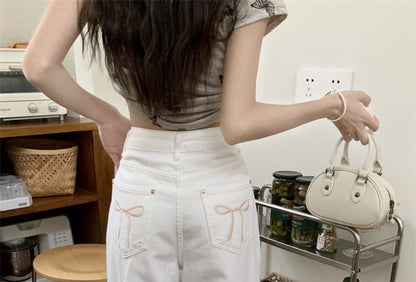 High Waist Bow Embroidered Loose Fit Jeans