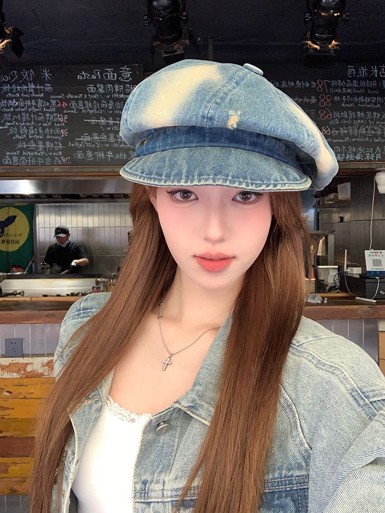 Washed Distressed Denim Newsboy Cap