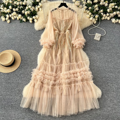 Puff Sleeve Sequin Mesh Ruffle A-Line Maxi Dress