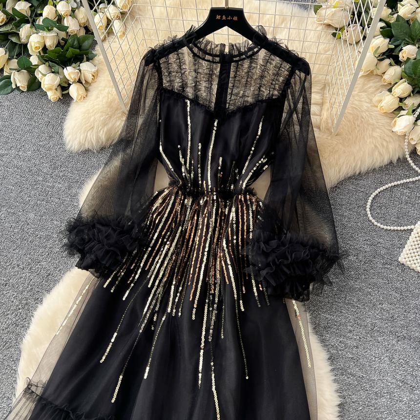 Puff Sleeve Sequin Mesh Ruffle A-Line Maxi Dress