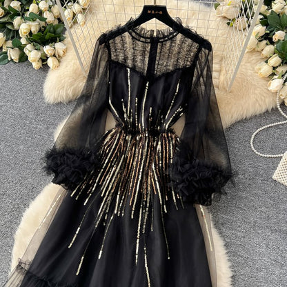 Puff Sleeve Sequin Mesh Ruffle A-Line Maxi Dress